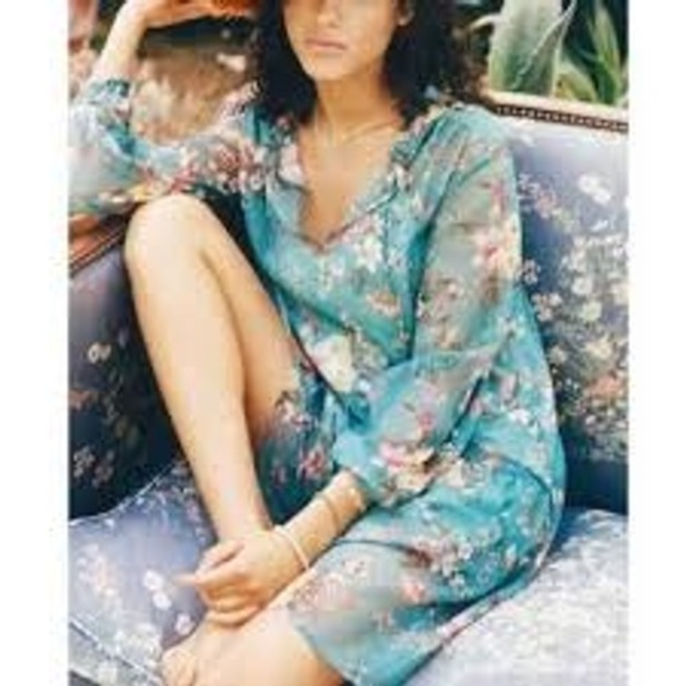 Maeve Anthropologie Emmy Teal Floral Sheer Drop Waist Chiffon Mini Dress XS